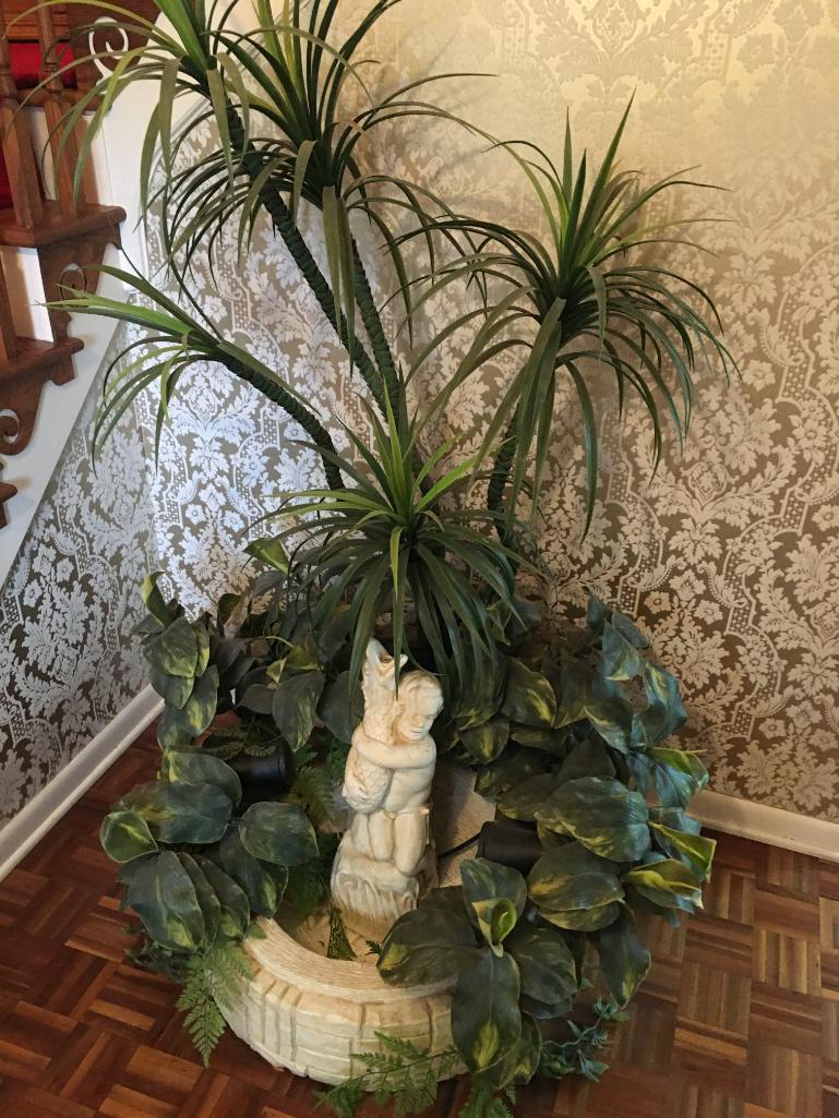 Two Piece Resin Water Fountain w/Faux Plants and Lights