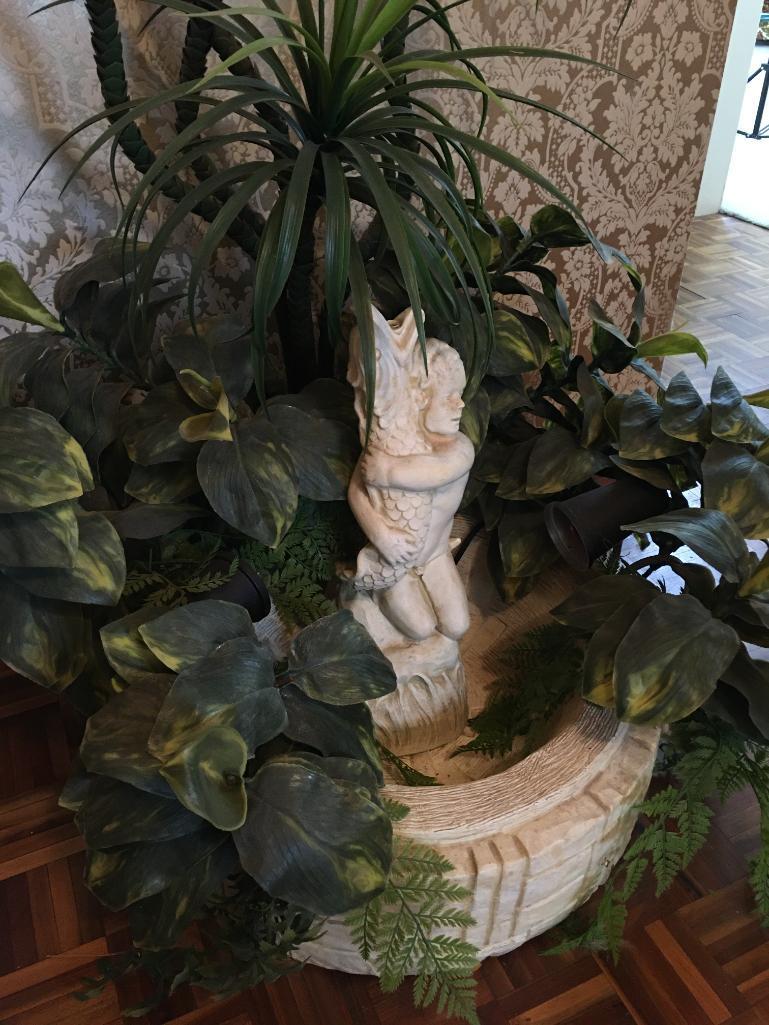 Two Piece Resin Water Fountain w/Faux Plants and Lights