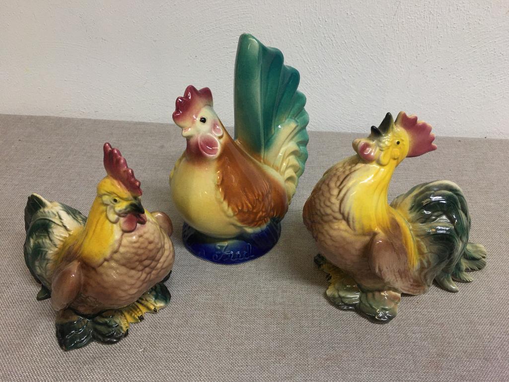 Group of Three Vintage Ceramic Roosters Incl Royal Copley Chicken Bank