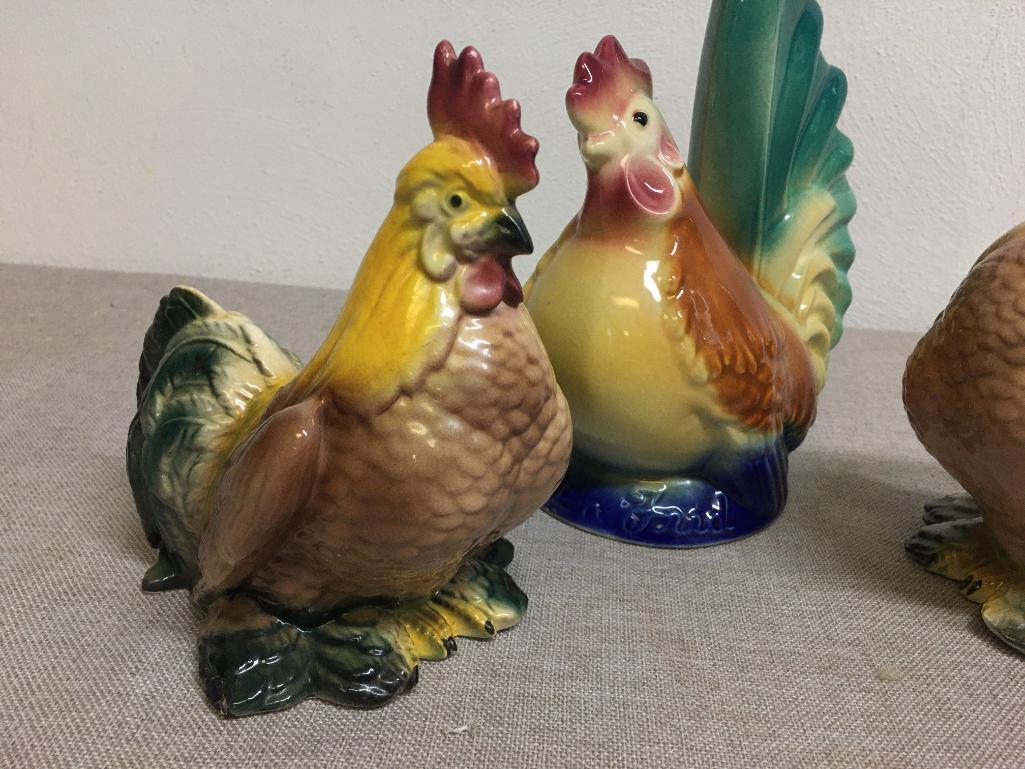 Group of Three Vintage Ceramic Roosters Incl Royal Copley Chicken Bank