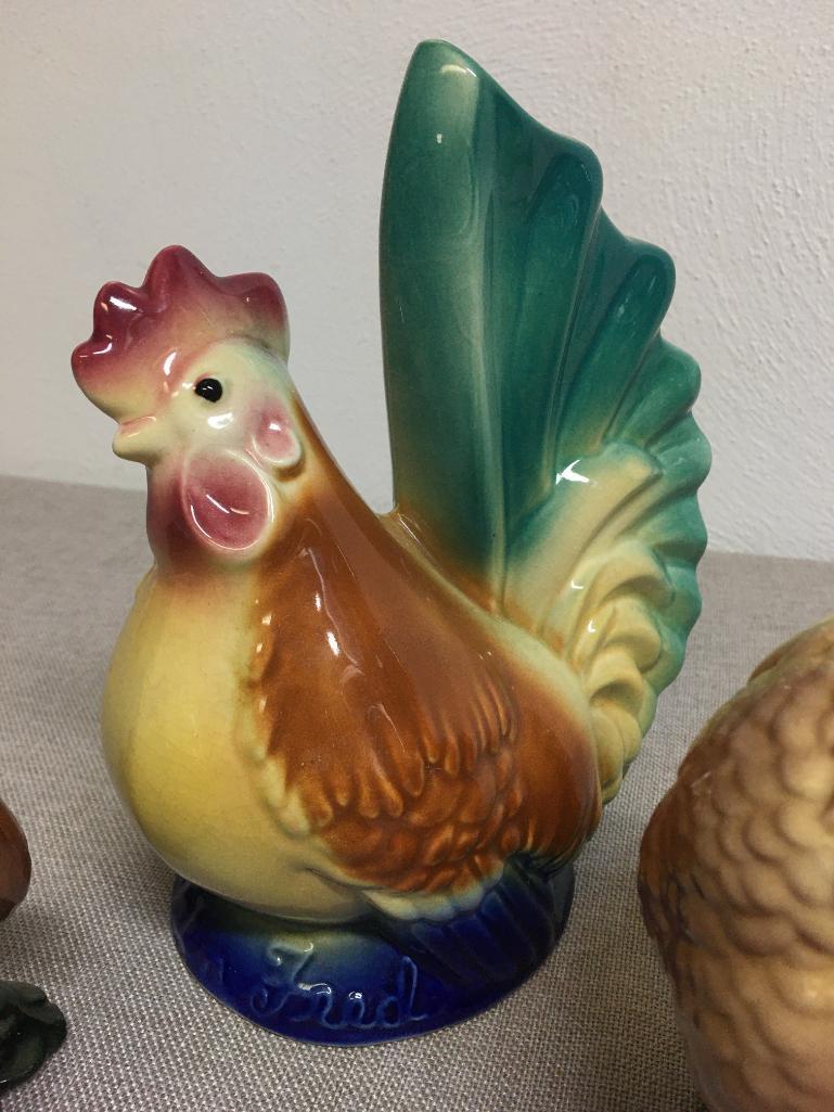 Group of Three Vintage Ceramic Roosters Incl Royal Copley Chicken Bank