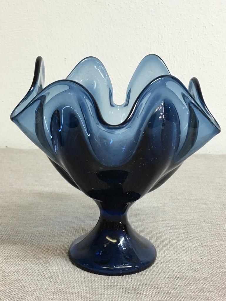 Blue Glass Pedestal Dish Compote Bowl