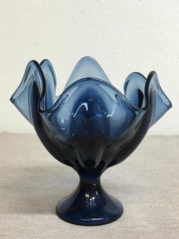 Blue Glass Pedestal Dish Compote Bowl
