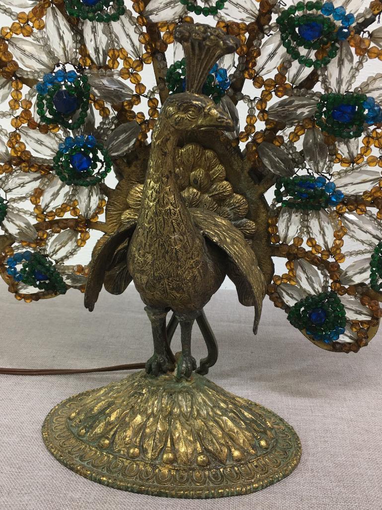 Beaded Brass Peacock Lamp