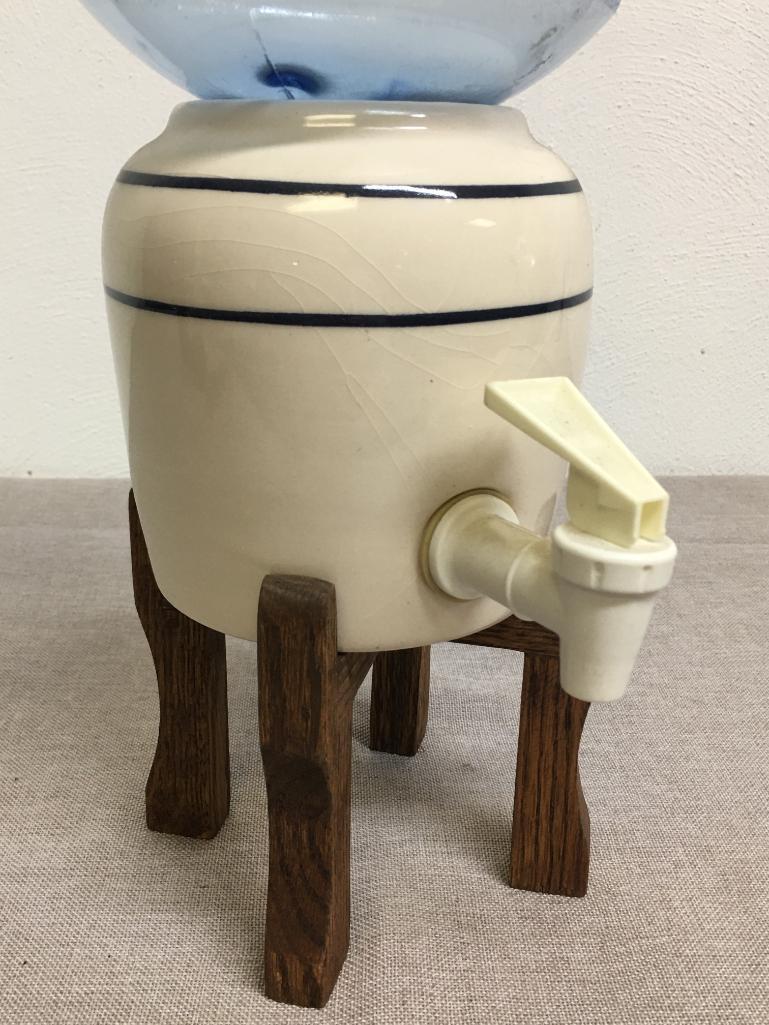 Small, Porcelain Ceramic Water Dispenser Crock w/Wood Stand