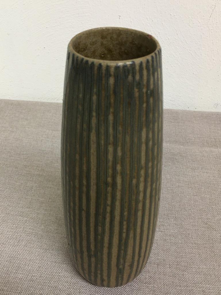 Mid Century Japanese Studio Pottery Redware Striped Melon Glazed Vase