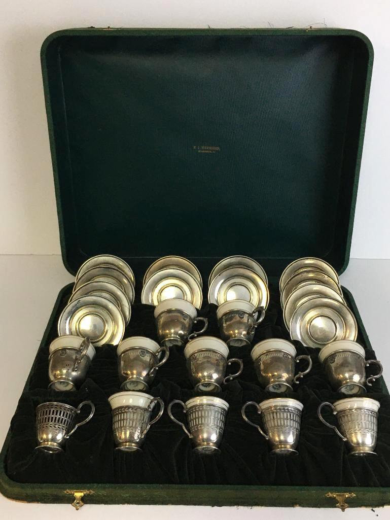 Vintage Set of Sterling Silver and Lenox Tea Cups and Saucers w/Case