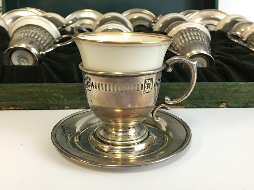 Vintage Set of Sterling Silver and Lenox Tea Cups and Saucers w/Case