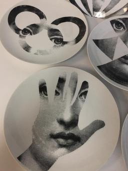 Set of Seven Vintage Piero Fornasetti Plates from the " Tema E Variazioni" Series Made in Italy