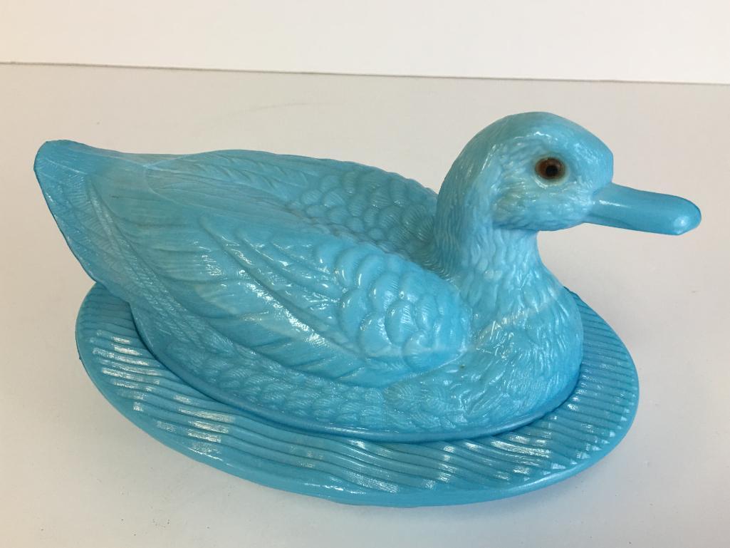 Believed to be Westmorland Blue Milk Glass Duck on a Nest