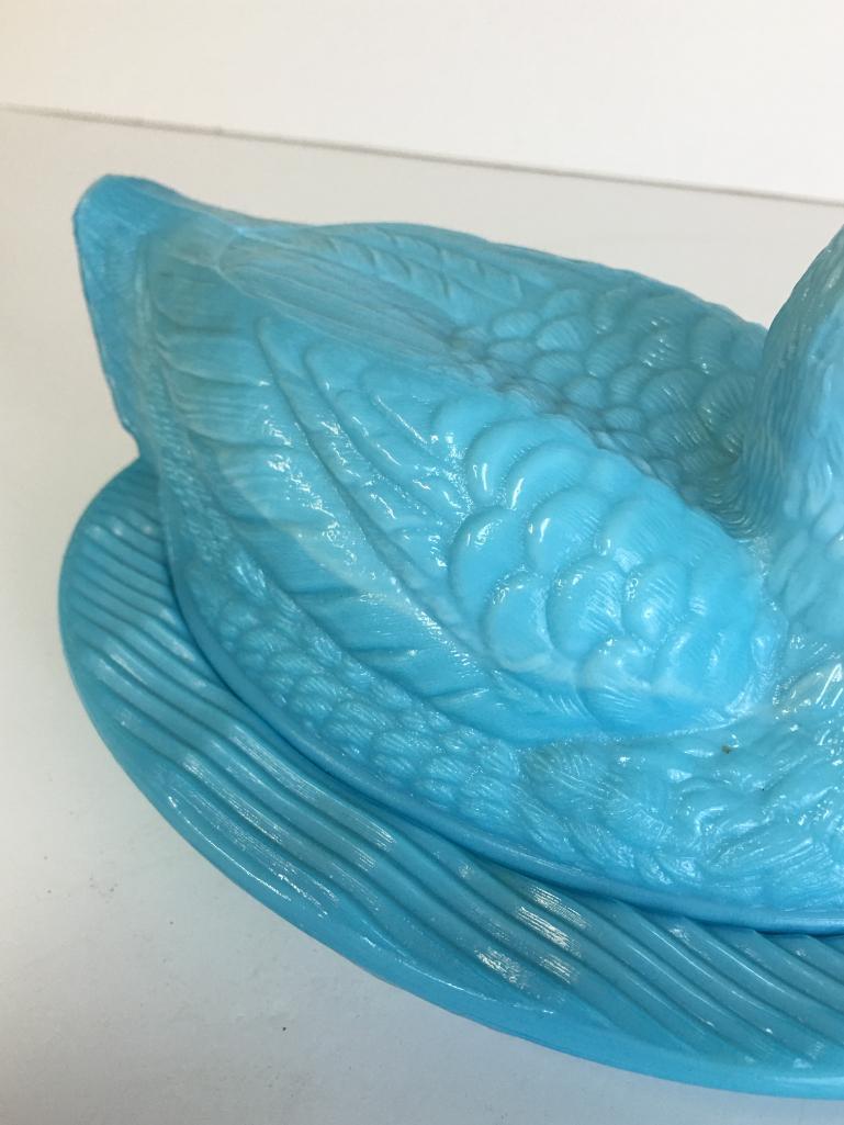 Believed to be Westmorland Blue Milk Glass Duck on a Nest