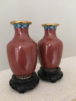 Pair of Asian Cloisonne Flower Vases w/Bases