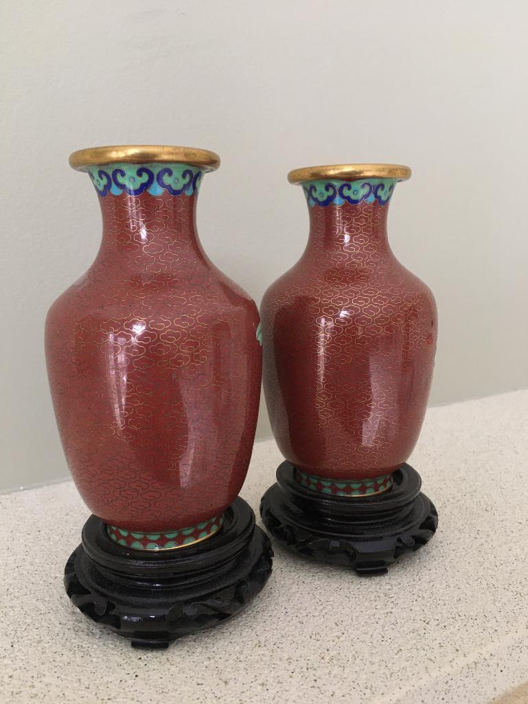 Pair of Asian Cloisonne Flower Vases w/Bases