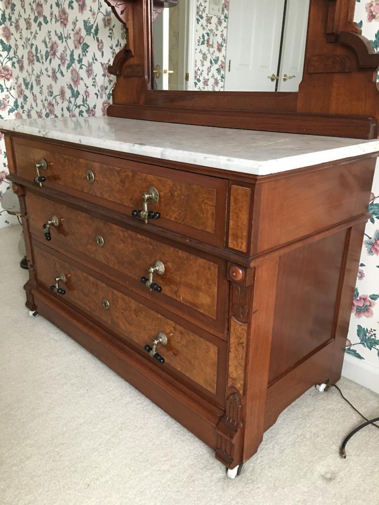 Antique Victorian Walnut Marble Top Dresser w/Three Drawers and Mirror