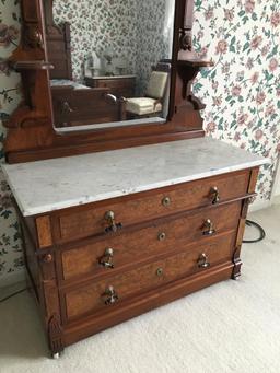 Antique Victorian Walnut Marble Top Dresser w/Three Drawers and Mirror