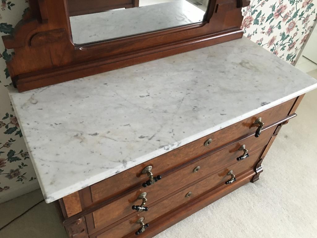 Antique Victorian Walnut Marble Top Dresser w/Three Drawers and Mirror