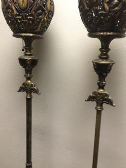 Pair of Antique Victorian Ornate Brass Converted Electric Lamps