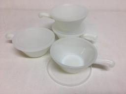 Group of Four Anchor Hocking Fire King Milk Glass Handled Soup Bowl w/Lids