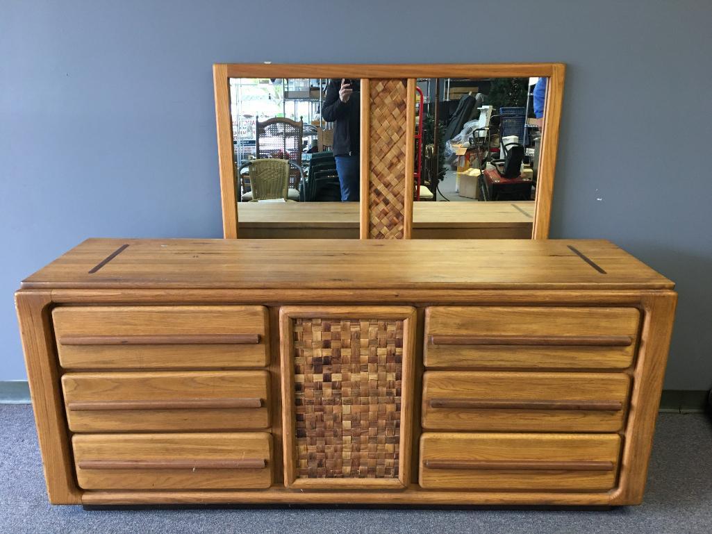 Vintage Dresser w/Basket Weave Detail, Mirror and Six Drawers