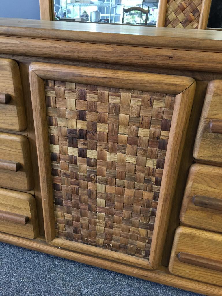 Vintage Dresser w/Basket Weave Detail, Mirror and Six Drawers