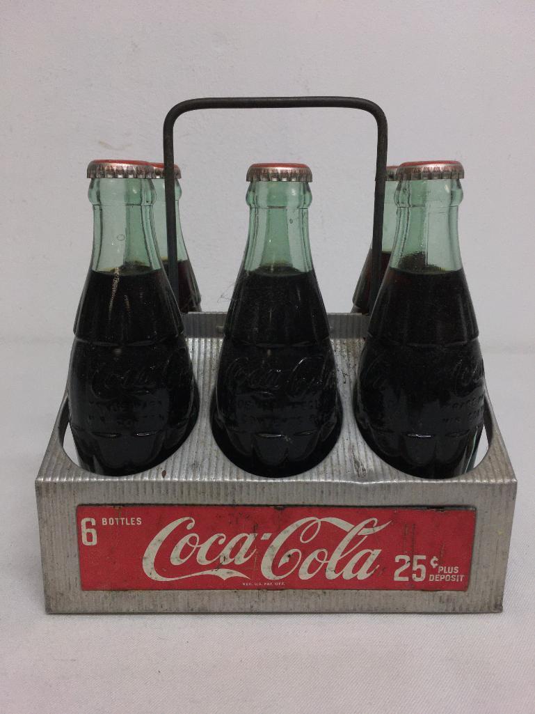 Six Pack of Coca Cola Bottles w/Vintage Metal Carrier
