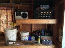 Shed Shelf Lot Incl Bucket, Concrete, Oil and More
