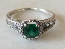 Sterling Ring with Faux Emerald and Cubic Zirconia Diamond