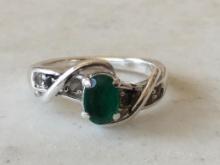 Sterling Ring with Emerald and Cubic Zirconia Diamond