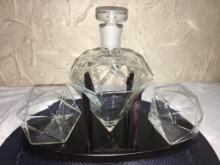 Three Piece Lot Incl Decanter w/Ground Glass Stopper and Two Diamond Shape Cocktail Glasses