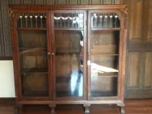 Victorian Antique Stained Glass Oak Bookcase Display Cabinet