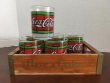 Vintage Wood Coca Cola Tray w/Six Glasses