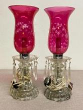 Pair of Electric Cranberry Table Lamps with Glass Crystal Prisms