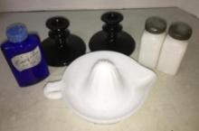 Misc Treasure Lot Incl Milk Glass Salt/Pepper Shakers, Juicer, Candle Holders and More