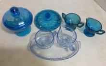 Misc Glass Lot Incl Blue Glass Candy Dish and Two Sets of Sugar and Creamers