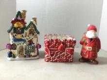 Three Piece Ceramic Christmas Lot Incl Candle Holders and Planter