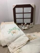 Three Piece Lot Incl Precious Moments Figurines, Vintage Linens/Material Scraps and Photo Frame