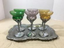Set of Six Stemmed Cocktail Glasses and Silver Plated Tray