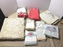 Group of Embroidered Pillow Cases, Crochet Throw and More