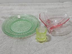 Three Pieces of Depression Glass Plate, Footed Candy Dish and Candle Holder