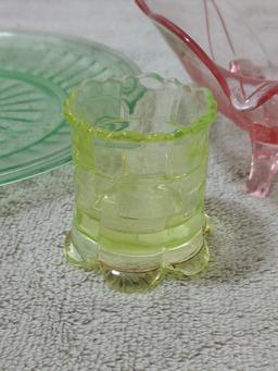 Three Pieces of Depression Glass Plate, Footed Candy Dish and Candle Holder