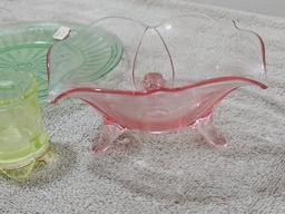 Three Pieces of Depression Glass Plate, Footed Candy Dish and Candle Holder