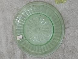 Three Pieces of Depression Glass Plate, Footed Candy Dish and Candle Holder