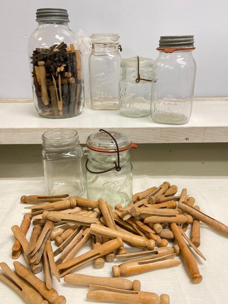 Group of Vintage Glass Jars and Clothes Pins