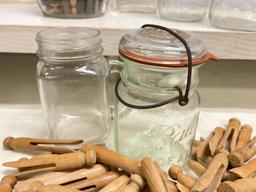 Group of Vintage Glass Jars and Clothes Pins