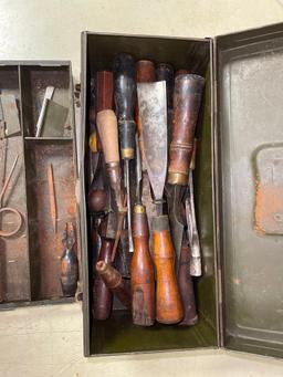 Vintage Metal Toolbox w/Wood Working Hand Tools