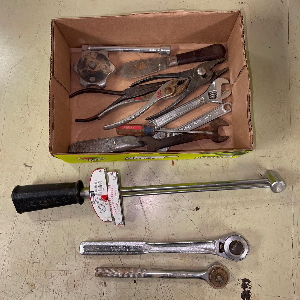 Group of Misc Rachets, Pliers, Wrenches and More