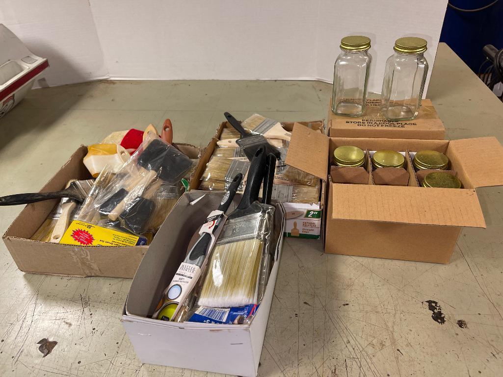 Lot of Misc Paint Brushes and Glass Jars