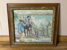 Framed Oil on Canvas of Horse and Man, Signed "M. Rinehart"