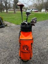 Leather Cincinnati Bengals Golf Bag and Vintage Golf Clubs