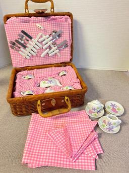 Vintage Wicker Basket with Barbie Mini China Set